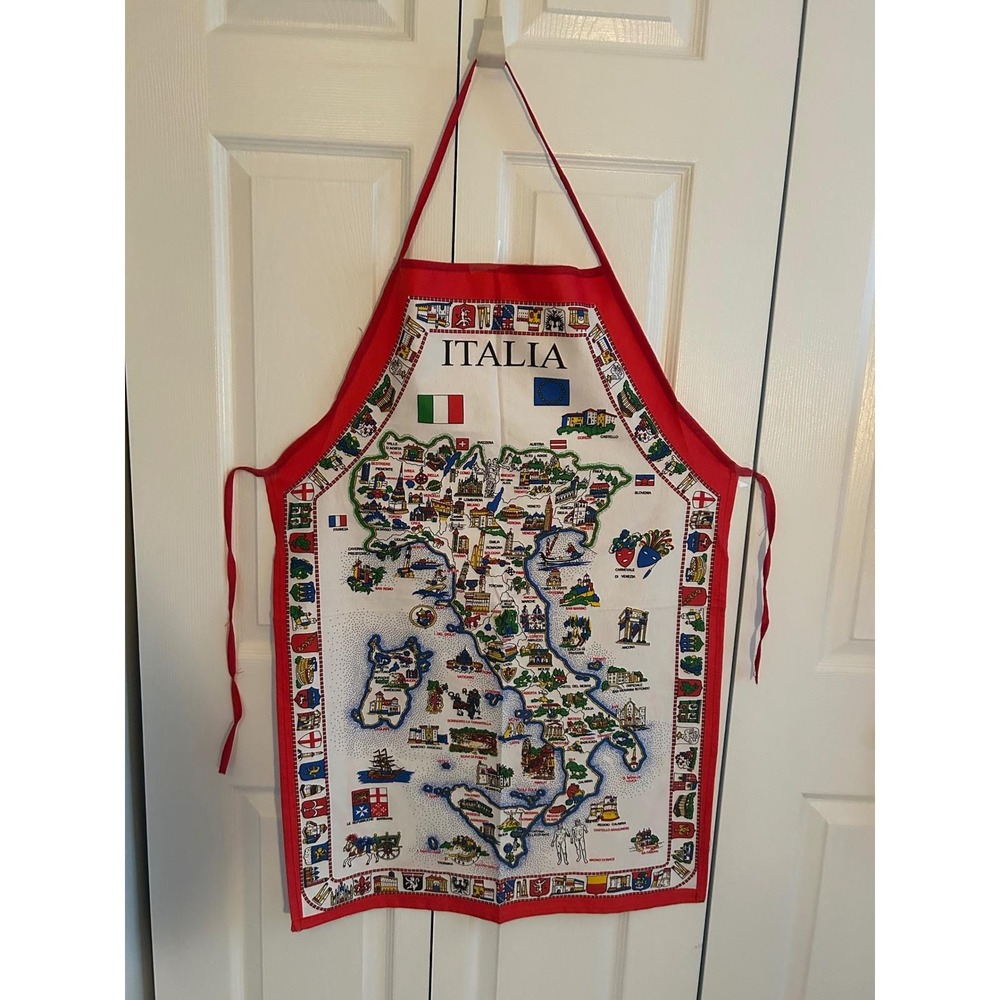 Vintage Italia Map Souvenir Apron Red White Italy Regions Landmarks Cotton Blend